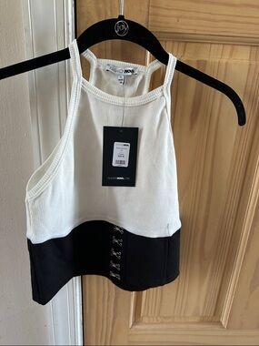 Fashion Nova White and Black Contrast Ribbed Hook-Front Tank